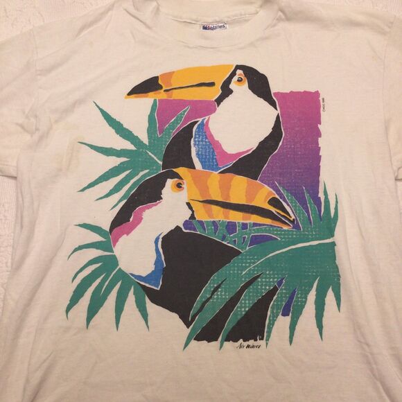 Vintage Single Stitch Toucan X Large White Graphic Air Waves Shirt 80s Tropical - Picture 3 of 7